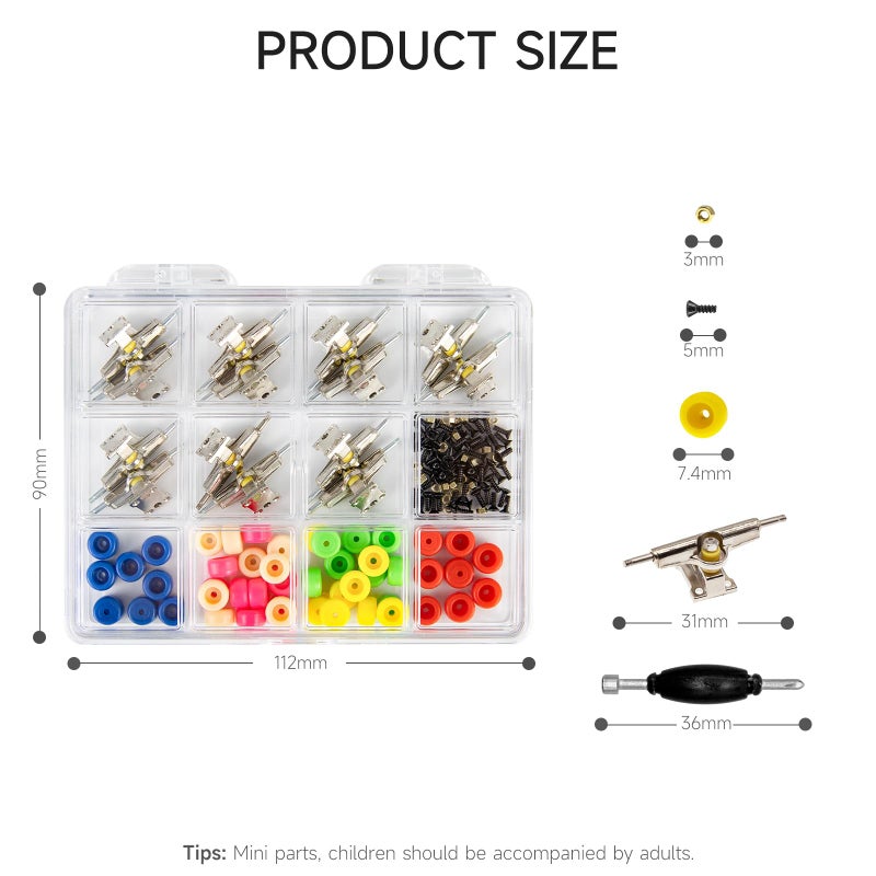 DisplayMore Fingerboard Repair Kit -Includes Box & Tools-Mini 96mm Finger Skateboard Parts Include 14 Brackets 48 Multicolour Wheels 60 Screws 30 Nuts 4 Screwdriver(Trucks-31mm & Box) - Image 2